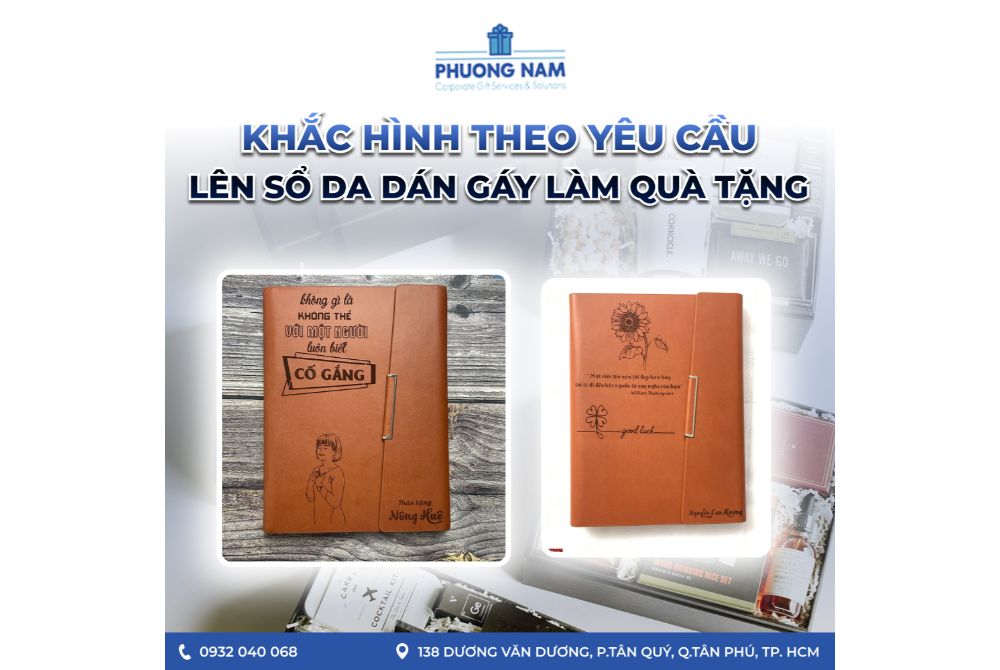 Khắc hình theo yêu cầu lên sổ da dán gáy làm quà tặng